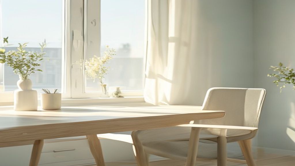 Lys arbejdsplads med organiseret skrivebord og minimalistisk design